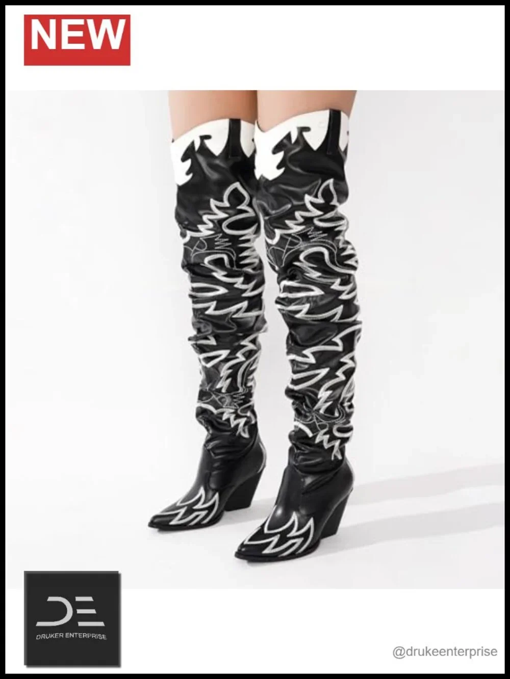 Faux Leather Slouchy Thigh High Chunky Heel Western Cowboy Boots